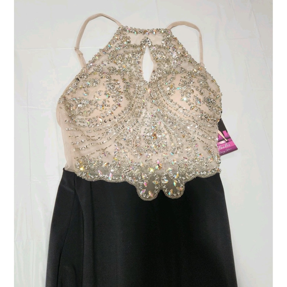Blondie Nites halter prom dress with beaded illusion bodice